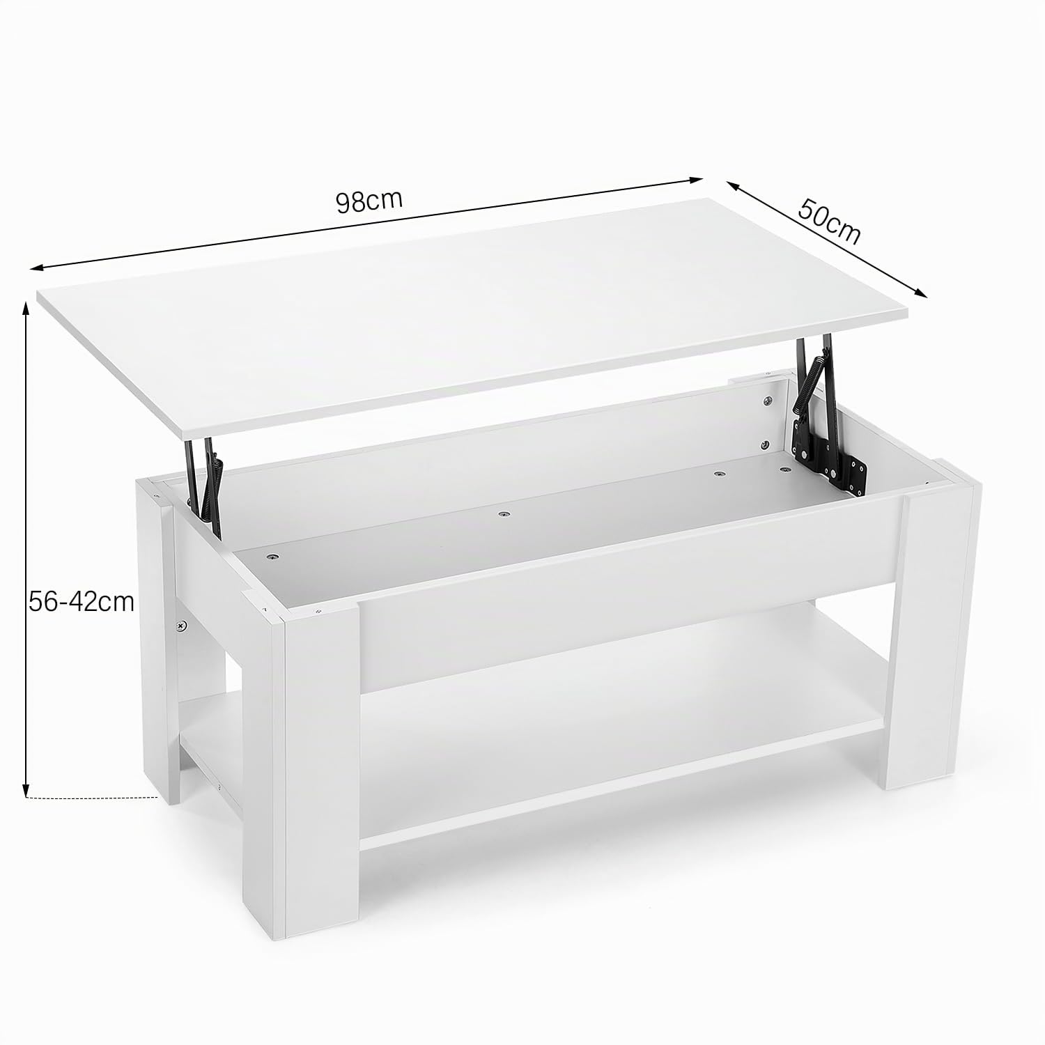 Mesa de Centro Elevable y Extensible, Mesa de Salón o Comedor Mesita Cafe con Almacenaje y Estante Almacenamiento Oculto Modernos Blanco 98x50x(42-56) cm