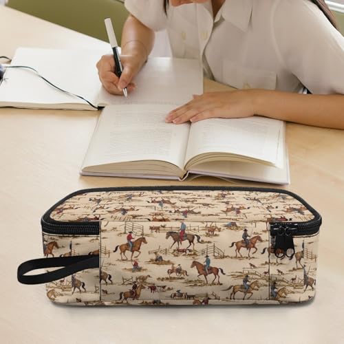 Image of Boys Pencil Case Cowboy Horse Pencil Pouch for Elementary Kids Cool Pencil Bag for Children Large Capacity Pen Box for Girls Adults Women Make Up Bag for Office Supplies,Beige