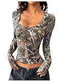 GORGLITTER Women's Y2k Camo Print Ruched Tee Top V Neck Long Sleeve Slim T Shirts Green Multicolor Medium