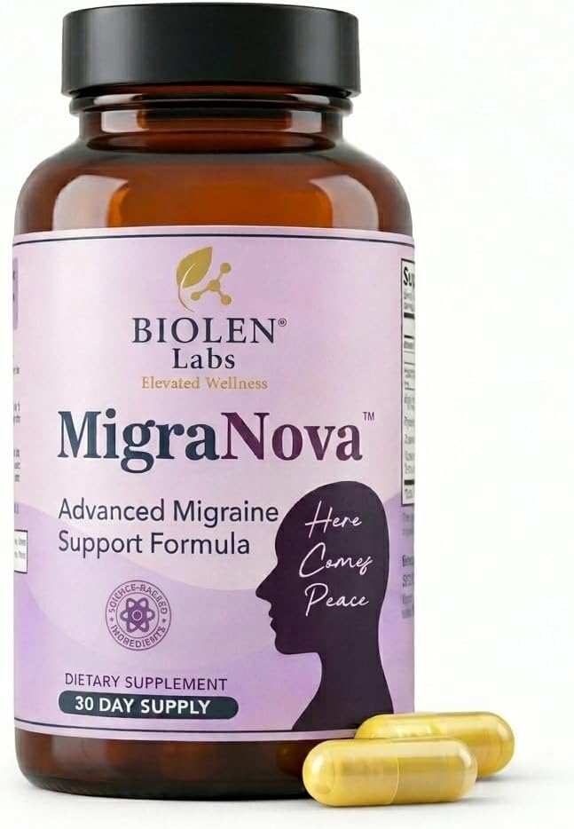 MigraNova - Migraine Relief & Daily Prevention for Migraine Sufferers — Magnesium & Riboflavin B2 + NeuroCalm Blend with Feverfew, CoQ10, L-Theanine & Ginger, Vegan, Non-GMO, USA Made, 60 Capsules