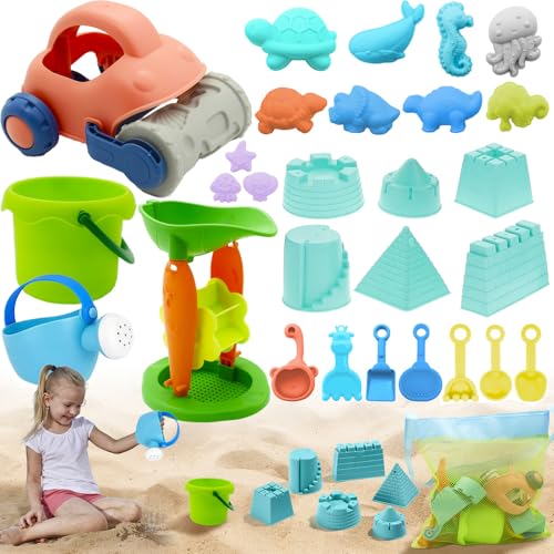 BNWRRCVKE Juguetes de Playa para Niños, 29 PCS Juego de Juguetes de Playa, Juegos Playa Niños, Kit de Juego de Arena Infantil, Incluyendo cubito, Pala, rastrillo para Niños 1-5 Años