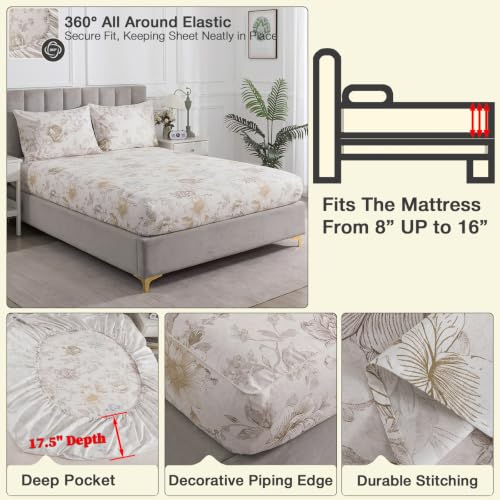 Image of 100% Cotton Percale Beige Floral King Size Sheets Set, Deep Pocket | Soft Crisp Vintage Farmhouse Flower Print Bed Sheets, Neutral Toile Bedding, Shabby Chic, Cottagecore, Botanical Garden, 4Pcs