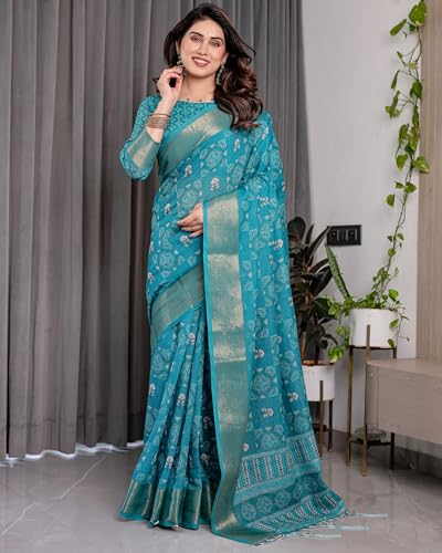 Image of ALMAARI FASHION Handloom Cotton Linen Saree for Women with Floral Printed Design and Tassel Pallu, Traditional Ethnic Lightweight Saree for Daily Office Festive with Blouse Piece