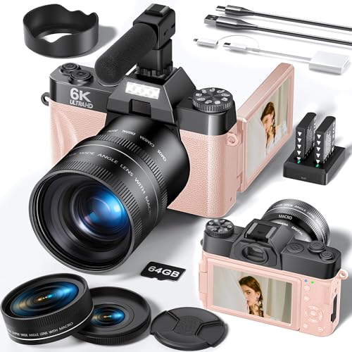 Image of FLATIC Cameras for Photography, 6K 64MP Digital Camera with WiFi & Microphone, Vlogging Camera with 64GB Card, 2 Batteries, Macro & Wide-Angle Lens, Card Reader (6K 64MP, Pink, Digital Zoom)