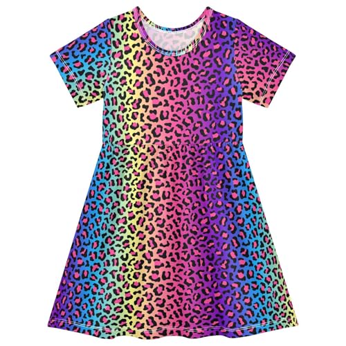 ALAZA Girls Summer Dress Short Sleeve Neon Rainbow Leopard Cheetah Casual Girls Dresses for Kids 2-8 Years