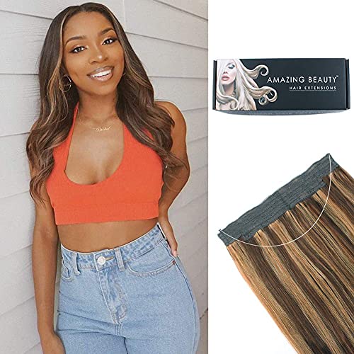 ABH AmazingBeauty Hair Halo Blonde Human Hair - Invisible Miracle Wire Remy Human Hair, 4-27 Chocolate Brown with Caramel Blonde Highlights,130 Gram 22 Inch