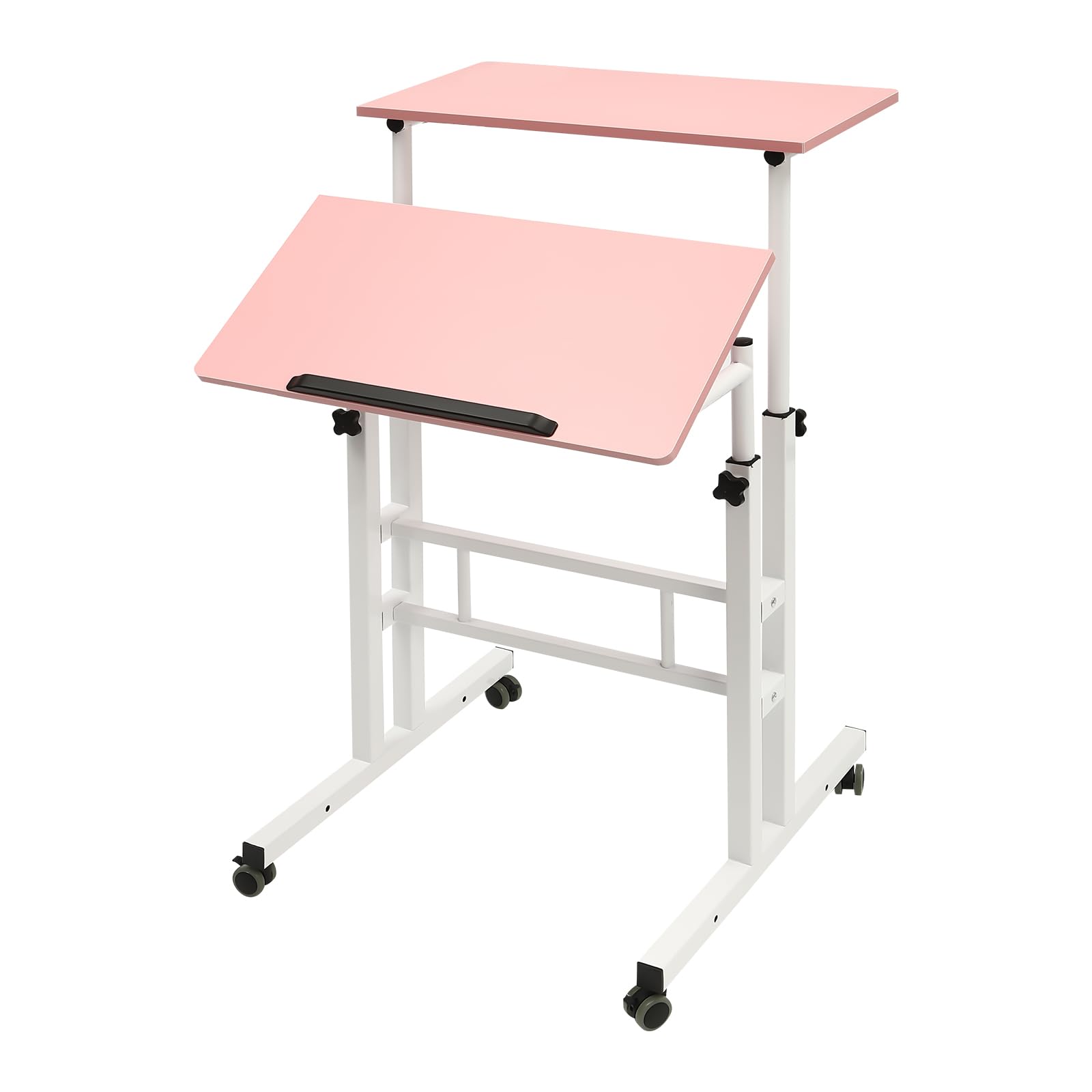 Portable Stand Up Adjustable Height Mobile Stand Up Desk with Tilting Panel and Wheels Rolling Home Office Workstation