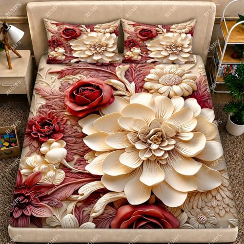 Image of RUMPS 7D Digital Floral Bedsheet with 2 Pillow Covers, King Size Flat Bedsheet 90x100 Inch, Luxury Flower Printed Bedsheet