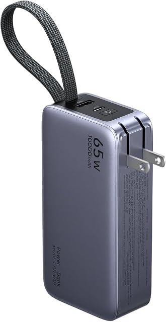 UGREEN 10000mAh 45W Banque d'électricité avec 65W Chargeur pliable, 3-in-1 Chargeur portable avec intégré USB-C Câble, 3 Ports charge rapide compatible avec iPhone 17/16, Galaxy S25/S24, Ordinateur portable, iPad Pro