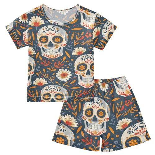 ALAZA Skeleton Flower Floral Sugar Skull Pajamas Set Short Sleeve Cotton Sleepwear Summer Pjs 2 Piece 5-14Y