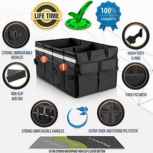 Starling's Car Trunk Organizer - Super Strong, Foldable Storage Cargo Box For Suv, Auto, Truck - Nonslip Waterproof Bottom, Fits Any Vehicle, Come W/ Adjustable Tie-Down Straps W Lid (Black, 2 Compartments) #TOP1