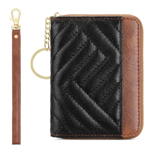 GAEKEAO Credit Card Holder Small Wallet for Women RFID Blocking Leather Zipper Wallet with Wristlet Black＆Brown