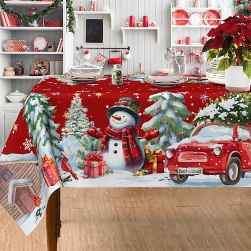 Christmas Tablecloth 60x120 Inch Rectangle, Christmas Decorations For Home Snowmen Red Table Cloth Festival, Xmas Snowmen Tablecloths Cover Oblong Polyester Vintage for Winter Picnic Party Dinner by LEWARAN - Used condition - US$15.63