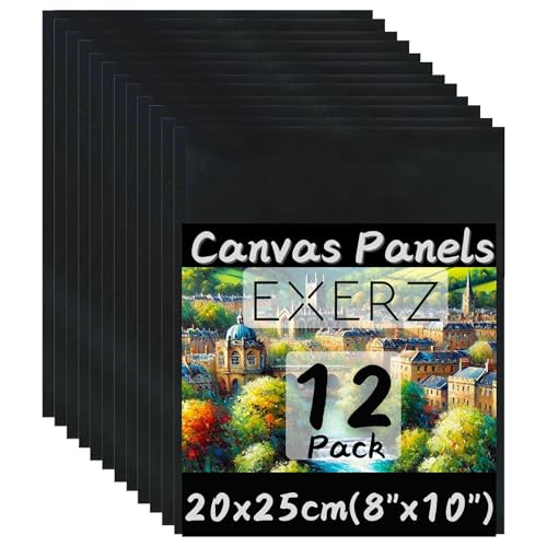 Exerz Schwarze Leinwand 20x25cm, 12er-Set Malkarton, Künstler-Leinwände aus 100% Baumwolle, 280 g/m², 0,3cm Dick, Blanko, Dreifach Grundiert, Säurefrei, Mittlere Körnung