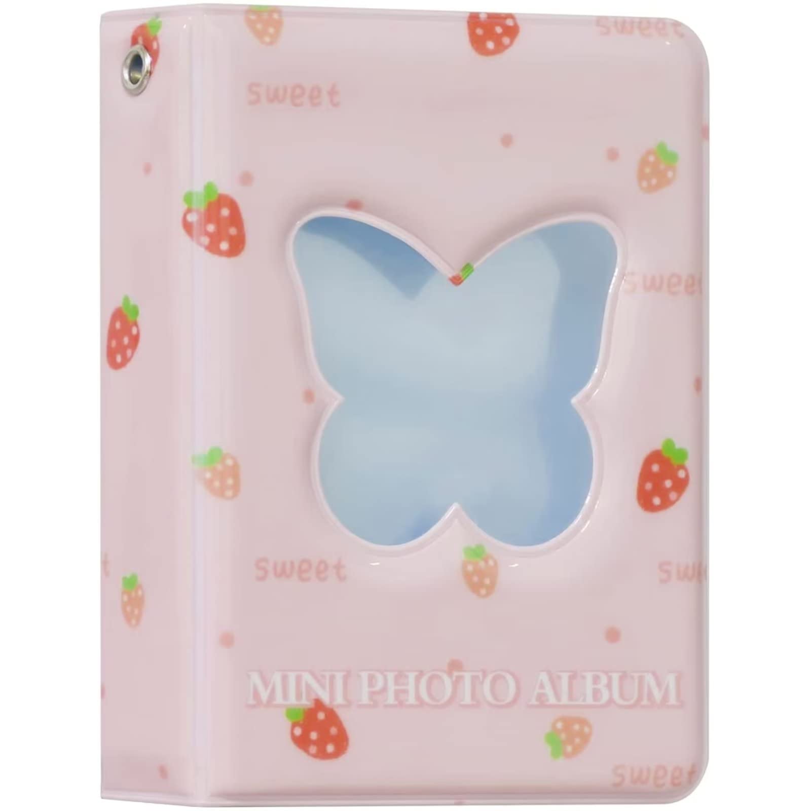 RUNRAYAY Pink Kpop Photocard Binder, 3 Inch Strawberry Butterfly Hollow Photocard Holder Book Sleeves, 40 Pockets A5 Binder Mini Photo Album for Business Card Holder