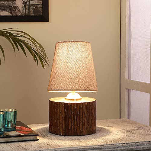 Image of tu casa Wooden Table Lamp Mango Wood Fabric Shade for Bedside & Livingroom
