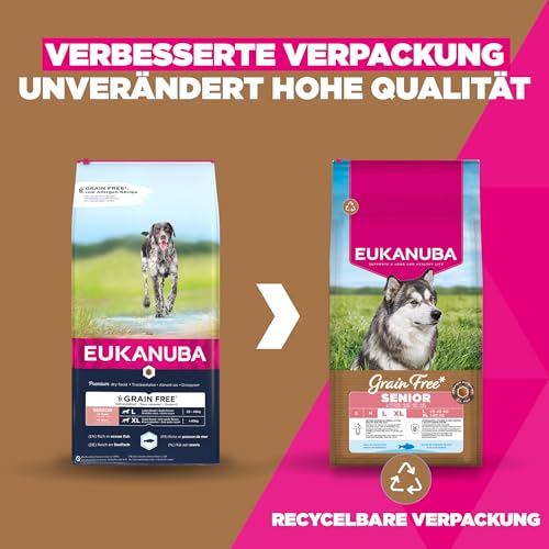 Eukanuba Senior Hundefutter getreidefrei mit Fisch für große Rassen, Premium Trockenfutter ohne Getreide für ältere Hunde, 12 kg