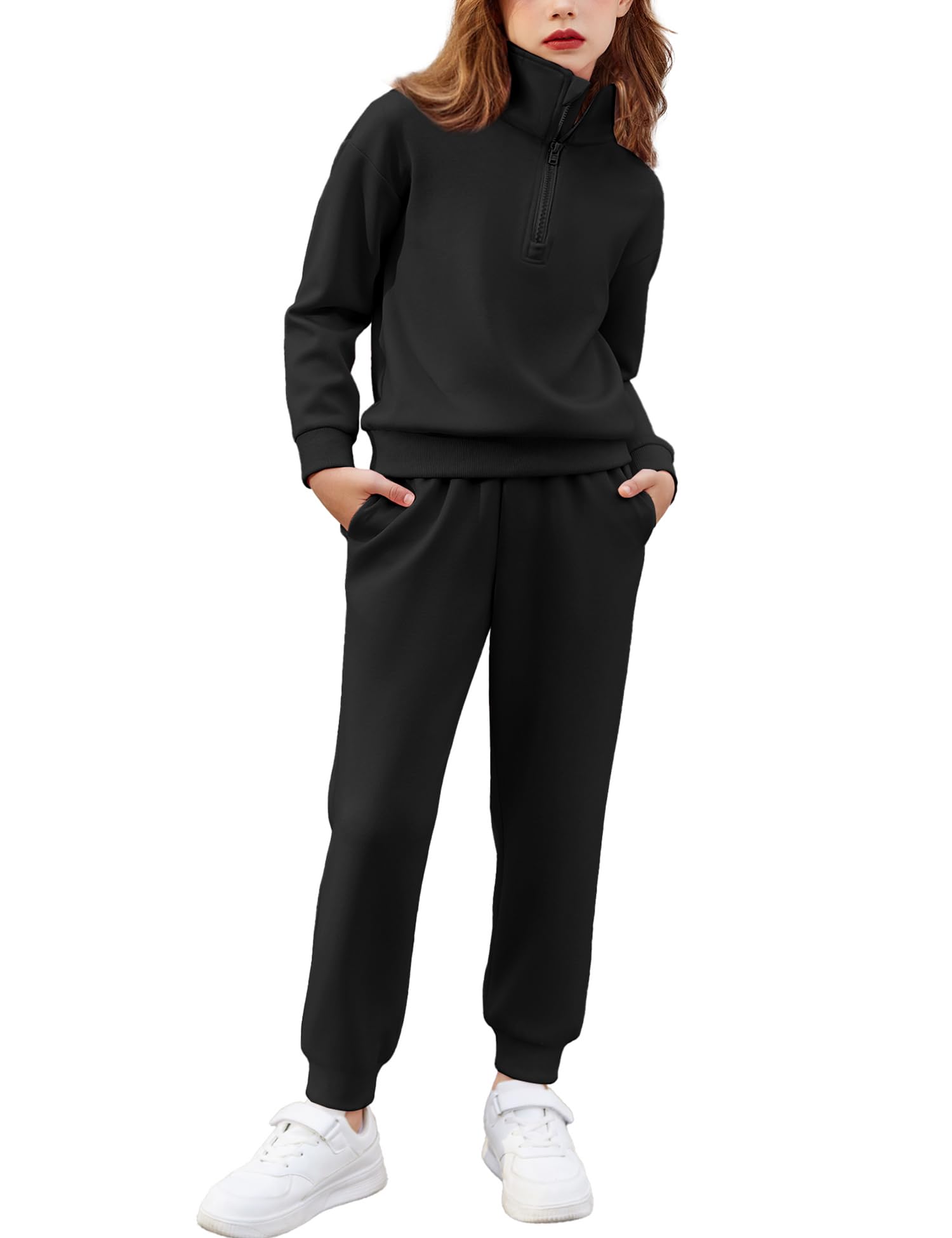 Arshiner Girls 2 Piece Outfits Sweatsuit Set Half Zip Lapel Collar Long Sleeve Sweatshirt Sweatpant Tracksuit Sets