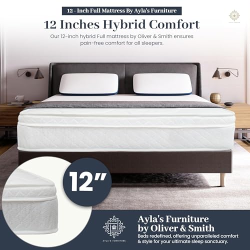 Full Mattress - 12 Inch Cool Comfort Foam & Spring Hybrid Mattress with Breathable Organic Cotton Cover - Quilted Soft Tight Top - Rolled in a Box - Oliver & Smith - Thumbnail 2