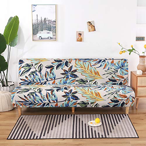 Womaco Printed Futon Cover Stretch Sofa Bed Slipcovers Full Twin Queen Size Armless Couch Loveseat Protector Covers With Elastic Bottom For Living Room Bedroom Furniture (Rain Leaves, 75"-86.6") #TOP1