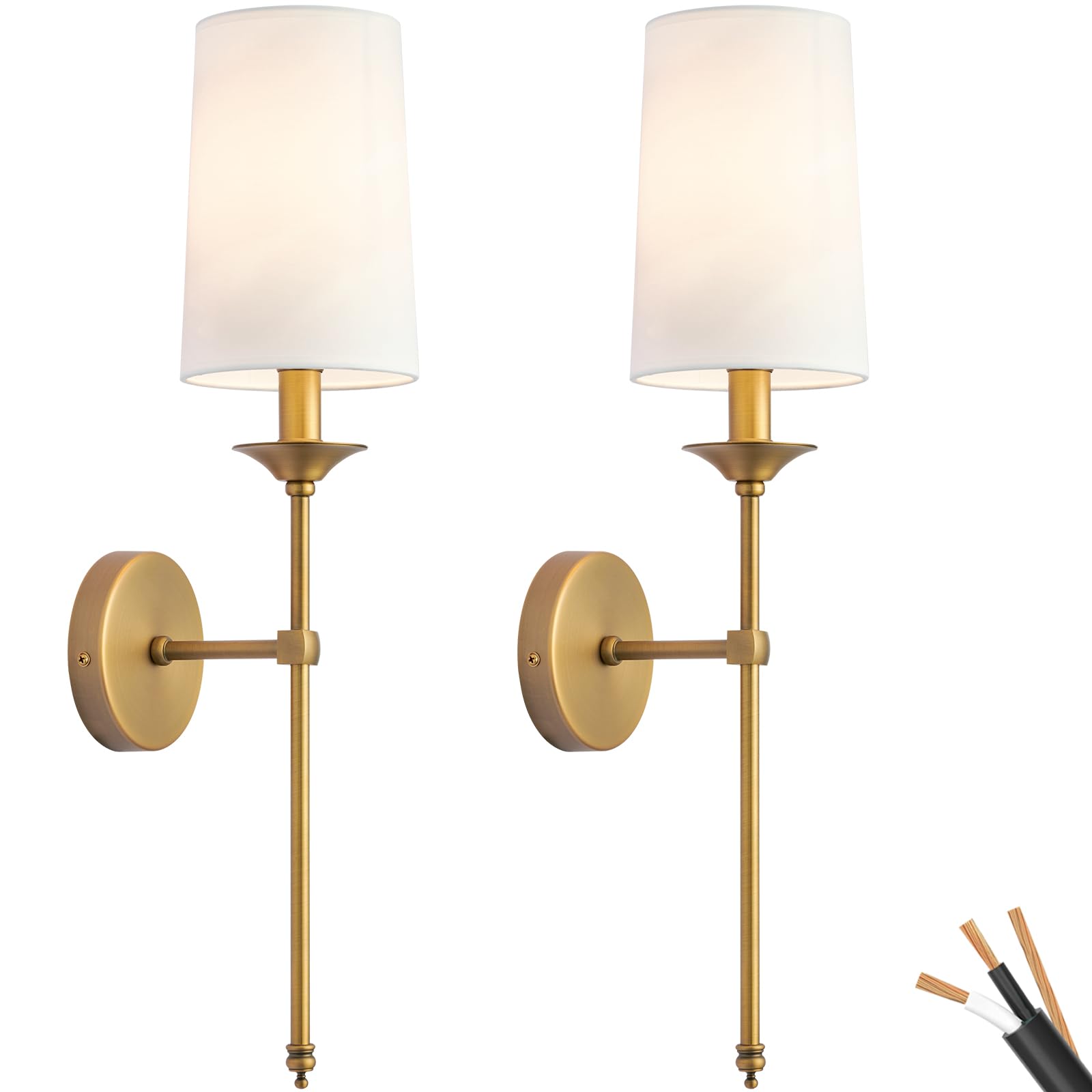 LEECOORA Hardwired Wall Sconces Set of Two Antique Brass Candle Terrace Pure White Wall Light for Bedroom Livingroom Farmhouse Gold Lamp
