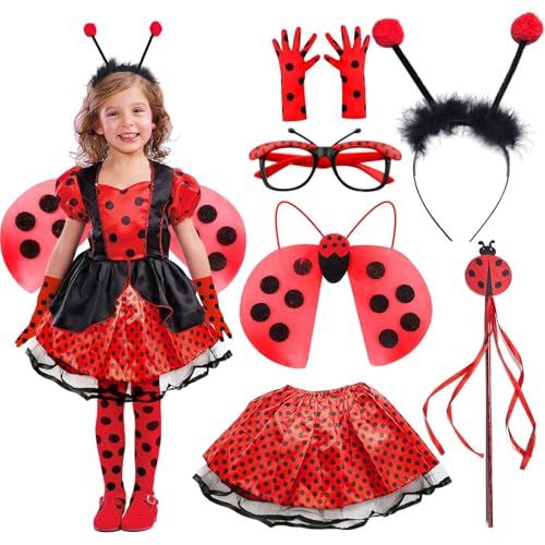 Marienkäfer Kostüm Kinder Mädchen 92-134 mit Marienkäfer Haarreif Flügel Tutu Rock Handschuhe Zauberstab Kostüm Marienkäfer Kinder Faschingskostüm Marienkäfer Kleid Kleidung Mädchen 3-8 Jahre