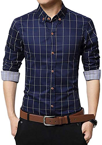 Kuson Chemise à carreaux pour homme - Facile à repasser - En coton - Bleu foncé - Taille M - Bleu - Medium