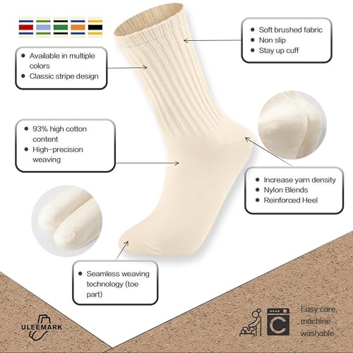 ULEEMARK 6 Pairs Of Neutral Crew Socks, Striped Retro Sports Calf Leather Socks, Casual Cotton Socks For Men & Women（7-15）2