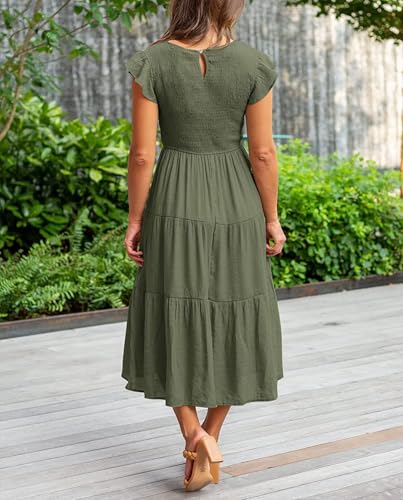 Women's Summer Casual Midi Dress Dressy Smocked Elastic Waist Tiered A-Line Dress Round Neck Short Sleeve Midi Dress4