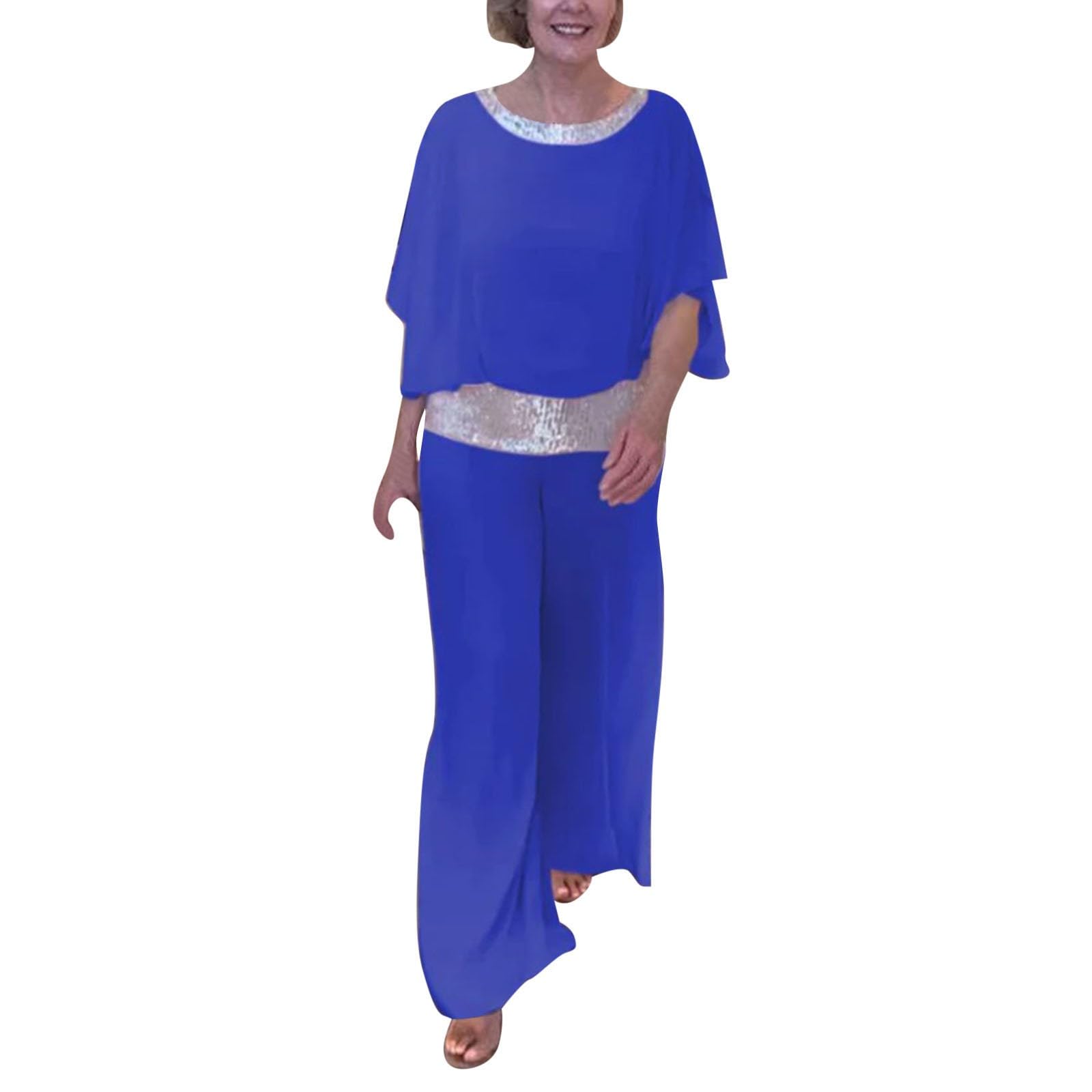 YpingLonk Conjunto elegante de 2 piezas con lentejuelas para mujer, holgado, color sólido, casual, de dos piezas, de gasa de verano, pantalones semiformales, trajes para boda, fiesta de noche, pantalones