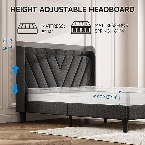 Image of koorlian Full Size Bed Frame, Full Bed Frame with Headboard, Adjustable Upholstered Bed Frame with Type-C&USB Port, Wingback Storage Headboard, Noiseless, No Box Spring Needed, Dark Gray