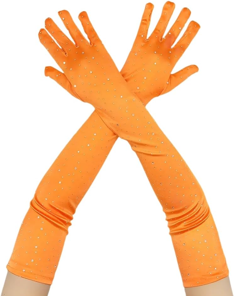 Specell 1920s Opera Party Long Satin Tea Party Rhinestone Gloves, Stretchy Adult Size, Elbow-Length, Bridal Gloves