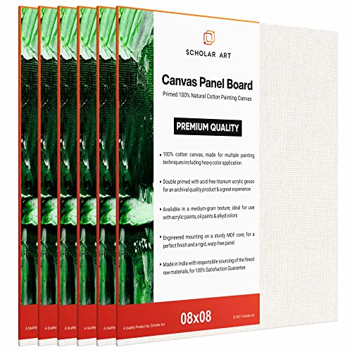 Image of Scholar Art Hobby Series 04 Oz (230 GSM) 100% Cotton Canvas Panel Board for Painting (White Blank Canvas Boards for Acrylic Paint, Oil Paint, Wet & Dry Media) | 08 inchx08 inch (20x20 cm), Pack of 6