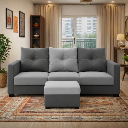 Image of FURNY Amonster 4 Seater L Shape Sofa Set with Movable Ottoman | Flexible Left or Right Layout | Plush Velvet Fabric (Dark Grey-Light Grey) | Perfect for Living Room, Guest Room & Office