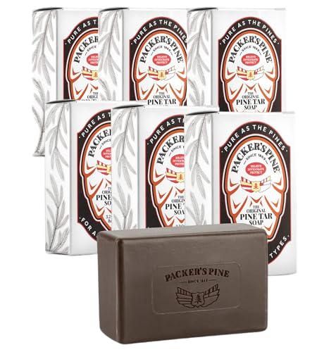 Packers Pine Tar Soap Bar for Men & Women | Original Body & Face Soap with Natural Pine Tar & Pine Oils | Soothes Eczema Psoriasis & Itchy Skin | Paraben Sulfate & Creosote Free 3.2 oz (6 Pack)