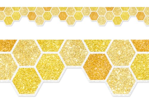 Image of Whaline 65.6 Ft Summer Bulletin Board Border Glitter Yellow Honeycomb Die Cut Trim Border Roll for Back to School Bee Day Home Party Supplies