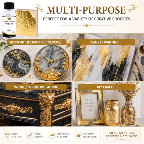 Image of 100 Sheets 8x8cm Gold Leaf Sheets Foil Paper with Water-Based Gilding Adhesive Glue | 100ml Gold Leaf Glue for Gilding, Resin Art, DIY Crafts, Furniture, Canvas, Glass & Home Decor