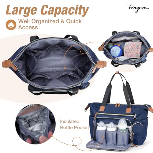 Image of Diaper Bag Tote, Large Baby Hospital Bag for Labor Delivery Mom | Travel Diaper Tote with Changing Pad, Pacifier Case, Insulated Pockets, Luggage Sleeve, Shoulder Strap, Dark Blue