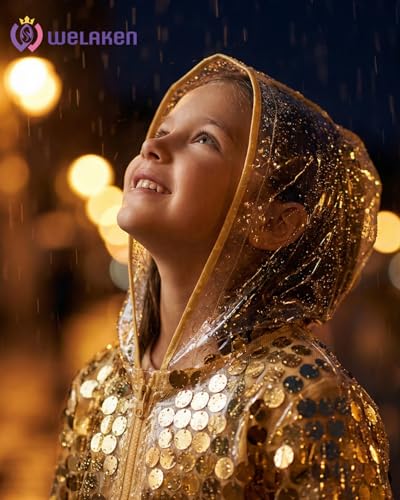 Image of WELAKEN Girls Sequin Raincoat Waterproof Reusable Hooded Outwear Rain Jacket with Lining