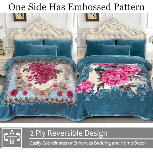 Image of JYK Soft Fleece Bed Blanket King Size, 520GSM 5.7 Pounds - Korean Style 2 Ply Reversible Silky Cozy Plush Warm, Comfy Blanket Microfiber for Autumn, Winter - 83'' x 91'', Blue /Peony /Peony