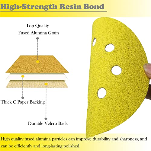 M-Jump 100 Pack 5 Inch Sanding Discs, 180 Grit Hook And Loop Sandpaper For Woodworking Or Automotive, 8 Hole Gold Premium Dustless Random Orbit Sandpaper #TOP2