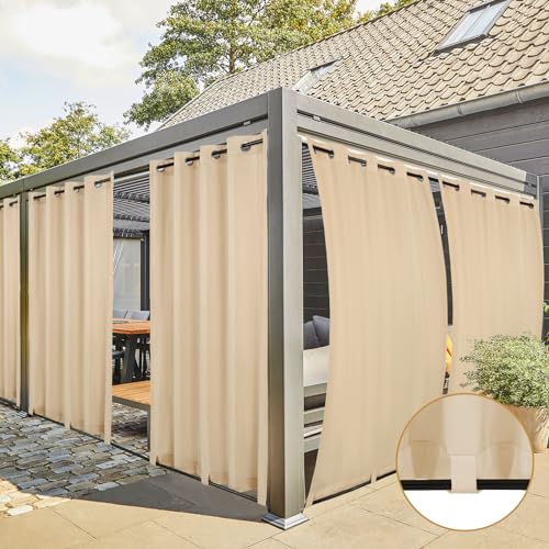 Teruntrue Cortina para exterior 4 peças, cortina exterior impermeável, proteção solar, cortinas para varandas, pérgolas com furos, cortinas com presilhas na parte inferior, 213 x 132 cm, bege