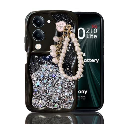 Image of KC Back Cover for iQOO Z10 Lite 5G / Vivo T4 Lite 5G - 3D New Curly Wave Dry Fixed Starry Glitter Pearl Wrist Hanging Chain Shockproof Soft Silicone Camera Protection Case (Black)