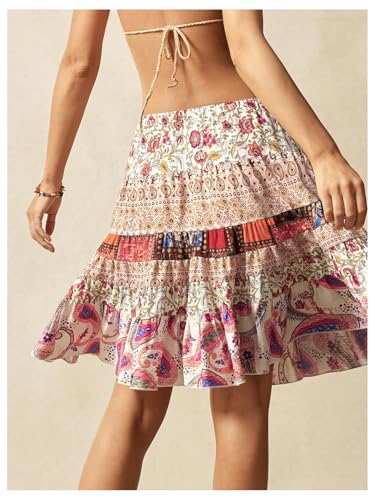 Women's Boho Floral Paisley Ruffle Skirts Drawstring Waist Knee Length Flowy Vacation Skirt2