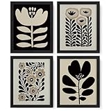 JXREQ Vinatge Boho Abstract Matisse Floral Wall Art, Mid Century Modern Abstract Black and Beige Floral Wall Decor for Home Kitchen Bedroom Bathroom Living Room, 8x10 Inch Unframed 4Pcs