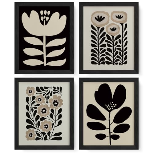JXREQ Vinatge Boho Abstract Matisse Floral Wall Art, Mid Century Modern Abstract Black and Beige Floral Wall Decor for Home Kitchen Bedroom Bathroom Living Room, 8x10 Inch Unframed 4Pcs