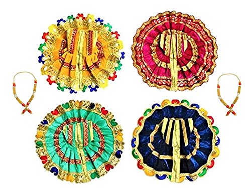 AV Creations Multi Coloured Laddu Gopal Ji, Kanha Ji/ Thakur Ji Dress/Poshak/Vastra, made of Sunhill Cloth, Combo of a total 6 items, 4 Poshak, 2 Mala, of Gopal ji Idol, Dress Size: Diameter: 8 Inch, Idol Size-4.