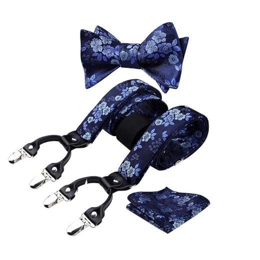 HISDERN Paisley Floral 6 Clips Suspendedor & Corbata de mono & Bolsillo Cuadrado Set Forma Y Ajustable Tirantes Azul 2