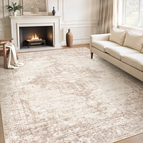 8x10 Area Rugs Washable Rug: Large Vintage Living Room Rug with Non-Slip Backing Low Pile Soft Indoor Floor Thin Carpet Neutral Carpets for Bedroom Dining Room Farmhouse Nursery Brown/Cream