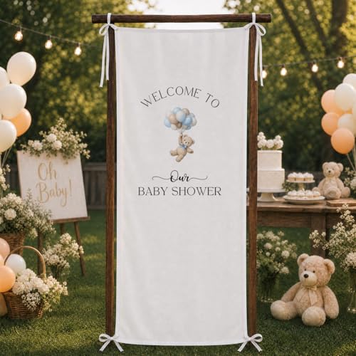 Shescrzionu Baby Shower Banner 73 x 30 Inch, Polyester Hanging Welcome Sign with Top and Bottom String, Blue Teddy Bear Baby Shower Decorations